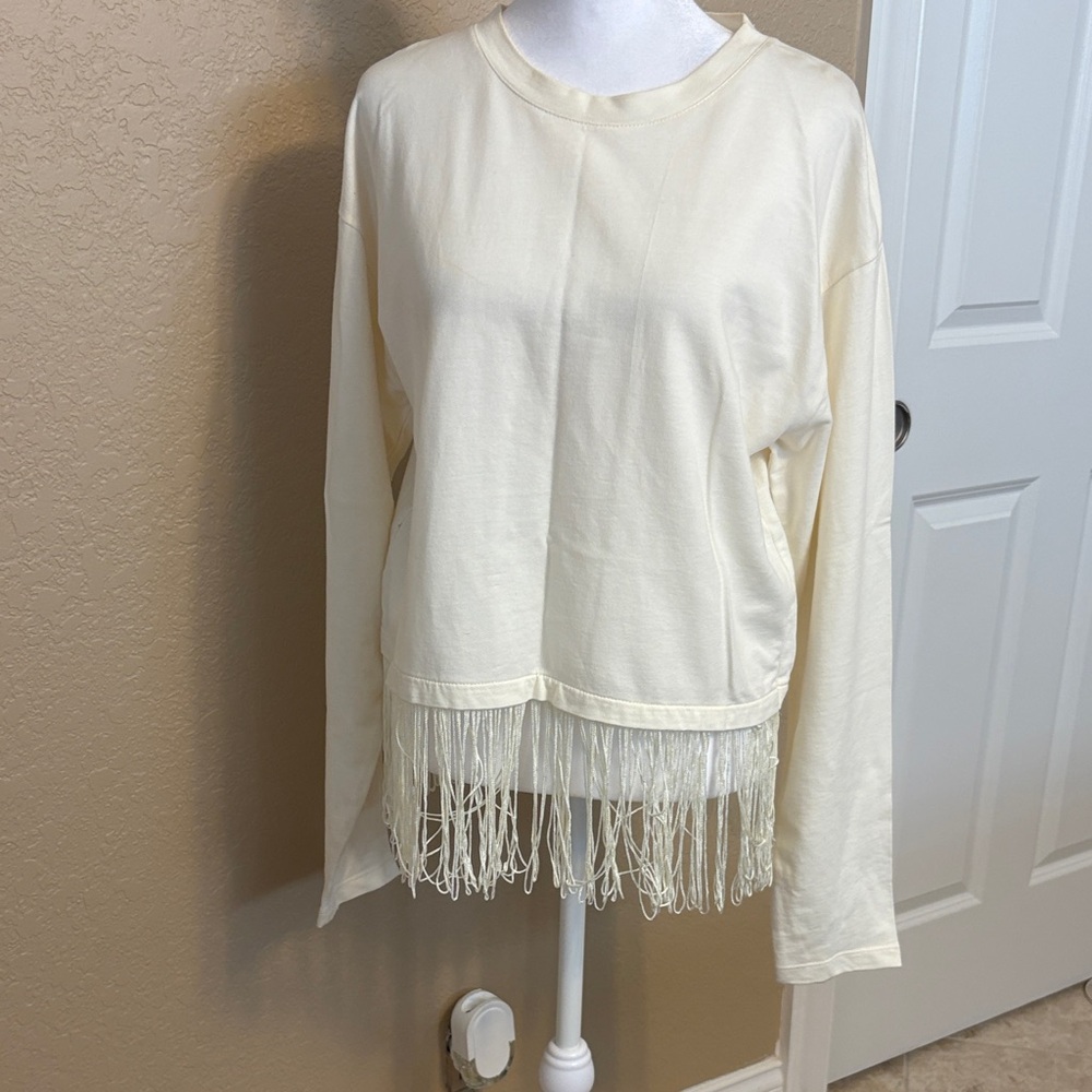 Zara Cream‎ Long Sleeve Bottom Fringe Top, Large